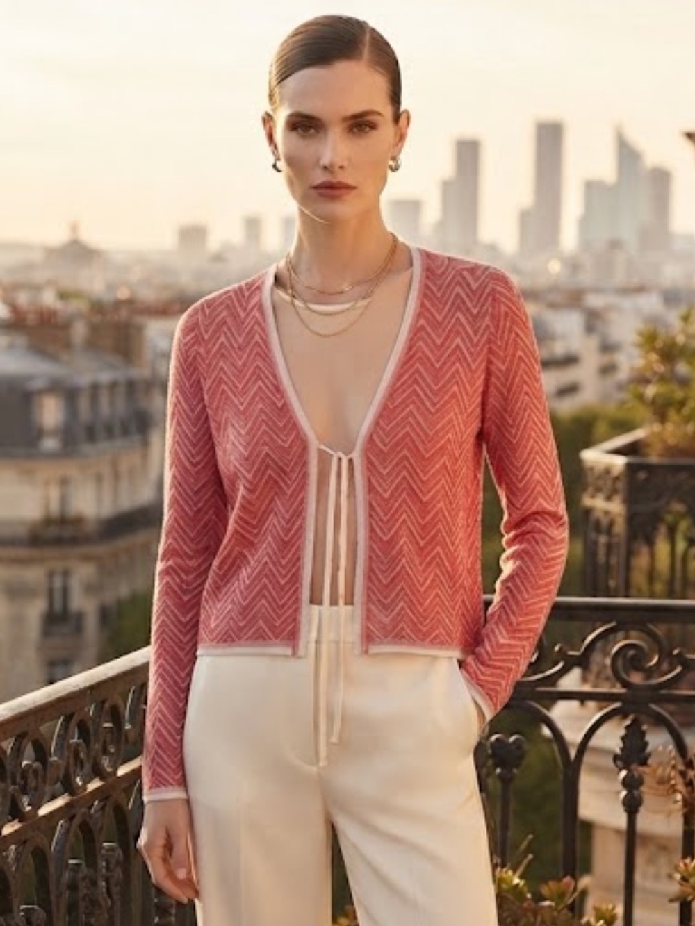 Escada Red & White Chevron Knit Tie-Front Cardigan V-Neck Layering Top NWOT